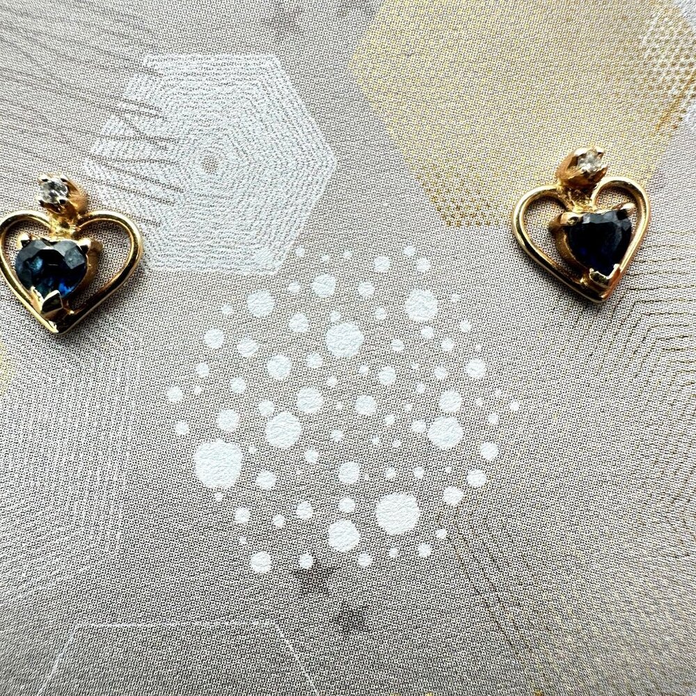 14K Yellow Gold Blue Sapphire Diamond Heart Pierced Stud Earrings Best Gift